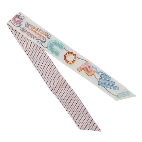 HERMES Twilly Chevaloscope Pointier Silk100% White/Rose/Vert - Picture 4 of 14